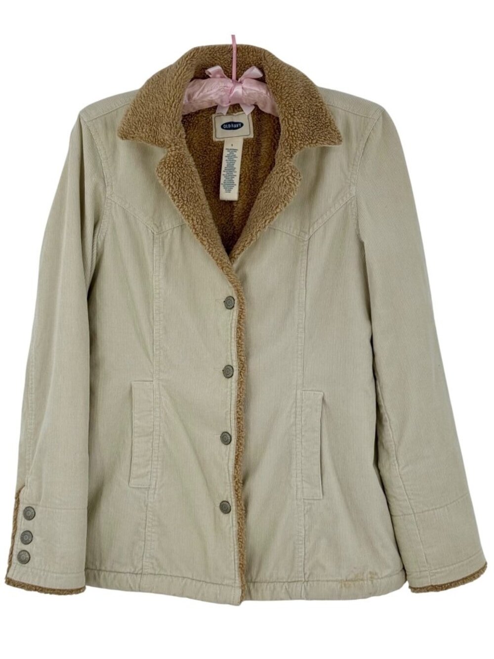 Vintage Old Navy Beige Corduroy Sherpa Lined Coat S Y2K Winter Jacket Grunge